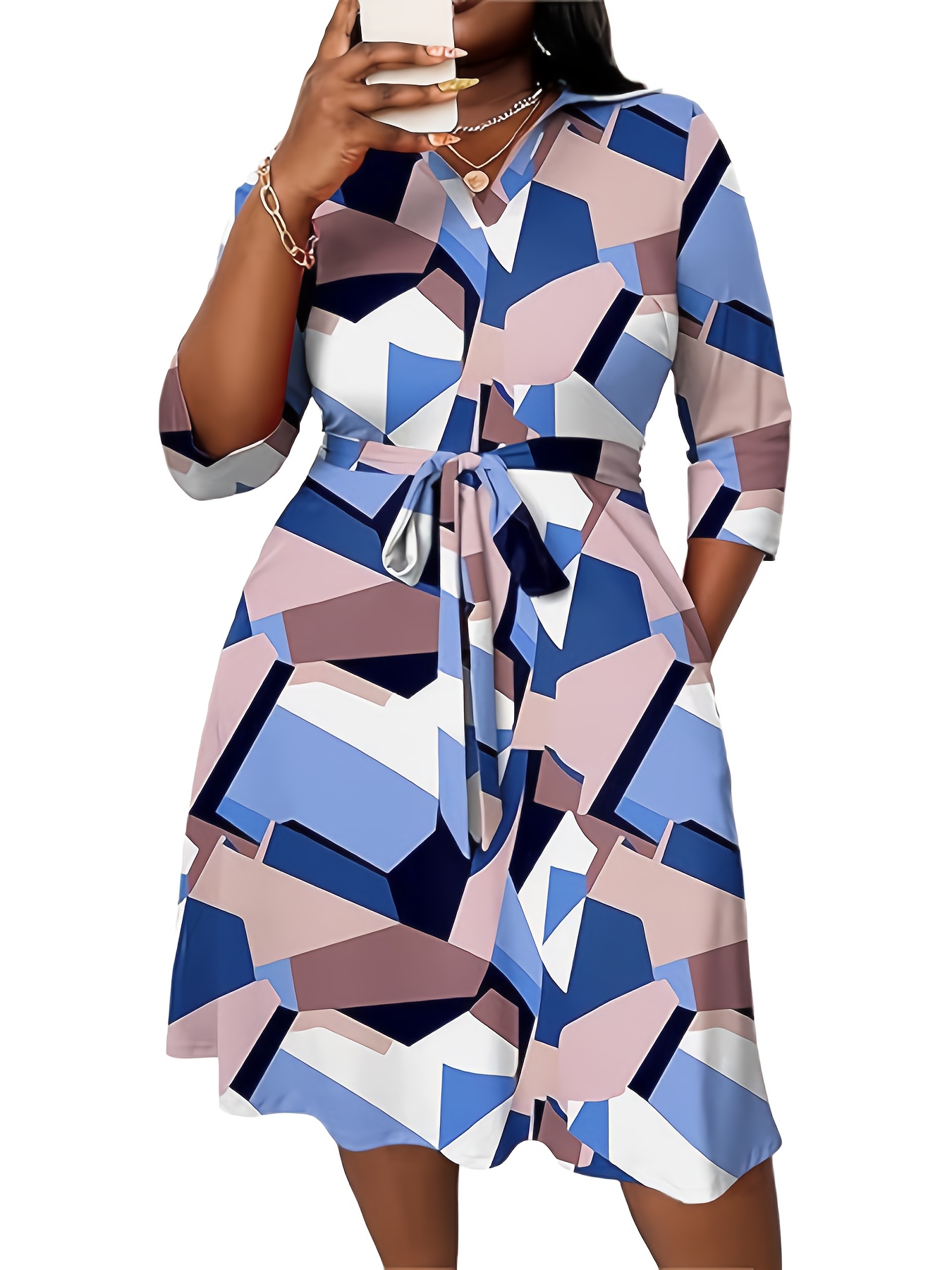Robe extensible à col V avec ceinture à manches mi-longues – Image 3