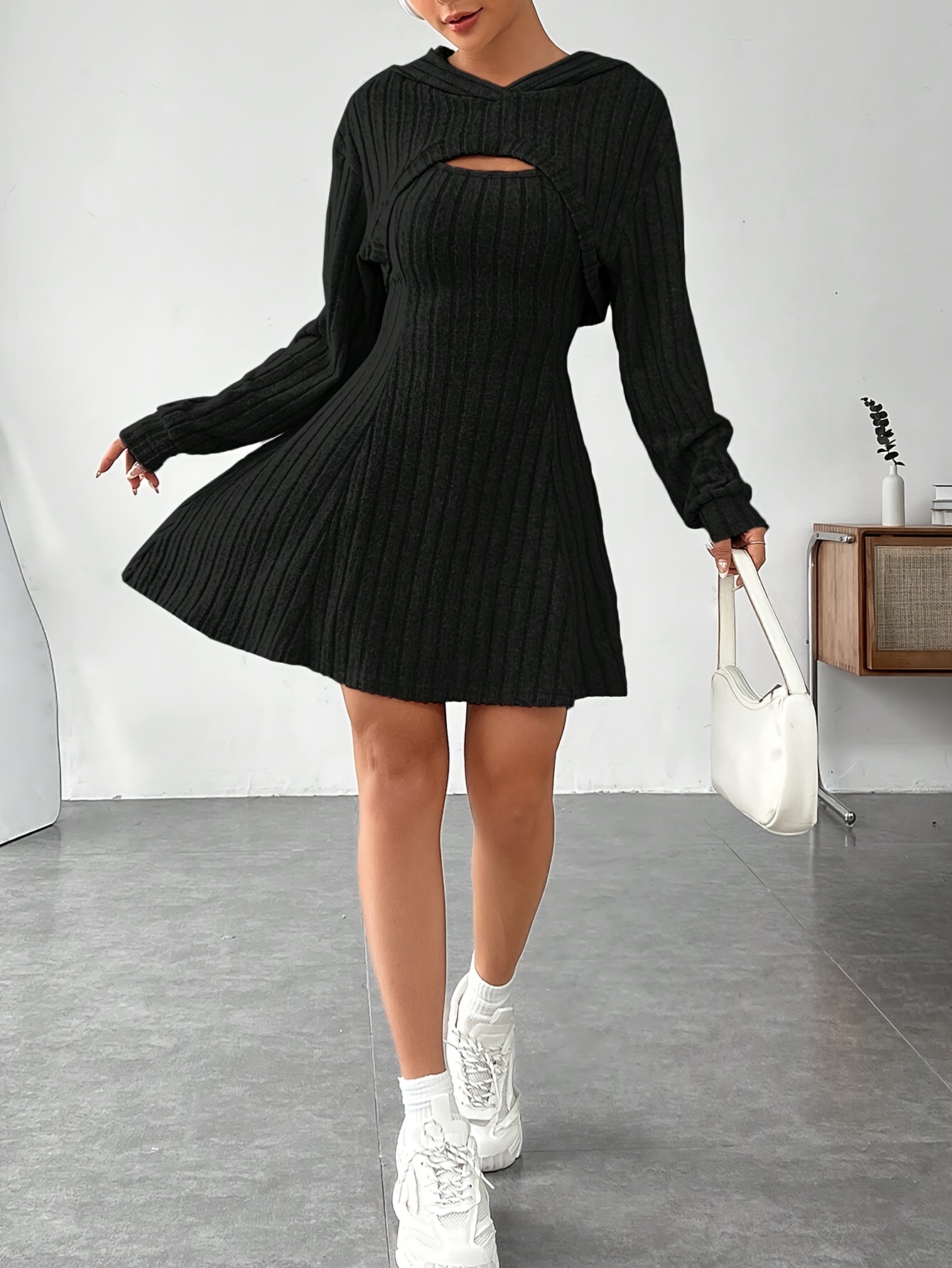 Ensemble robe en tissu tricoté hanche ample et haut super court à manches longues – Image 4