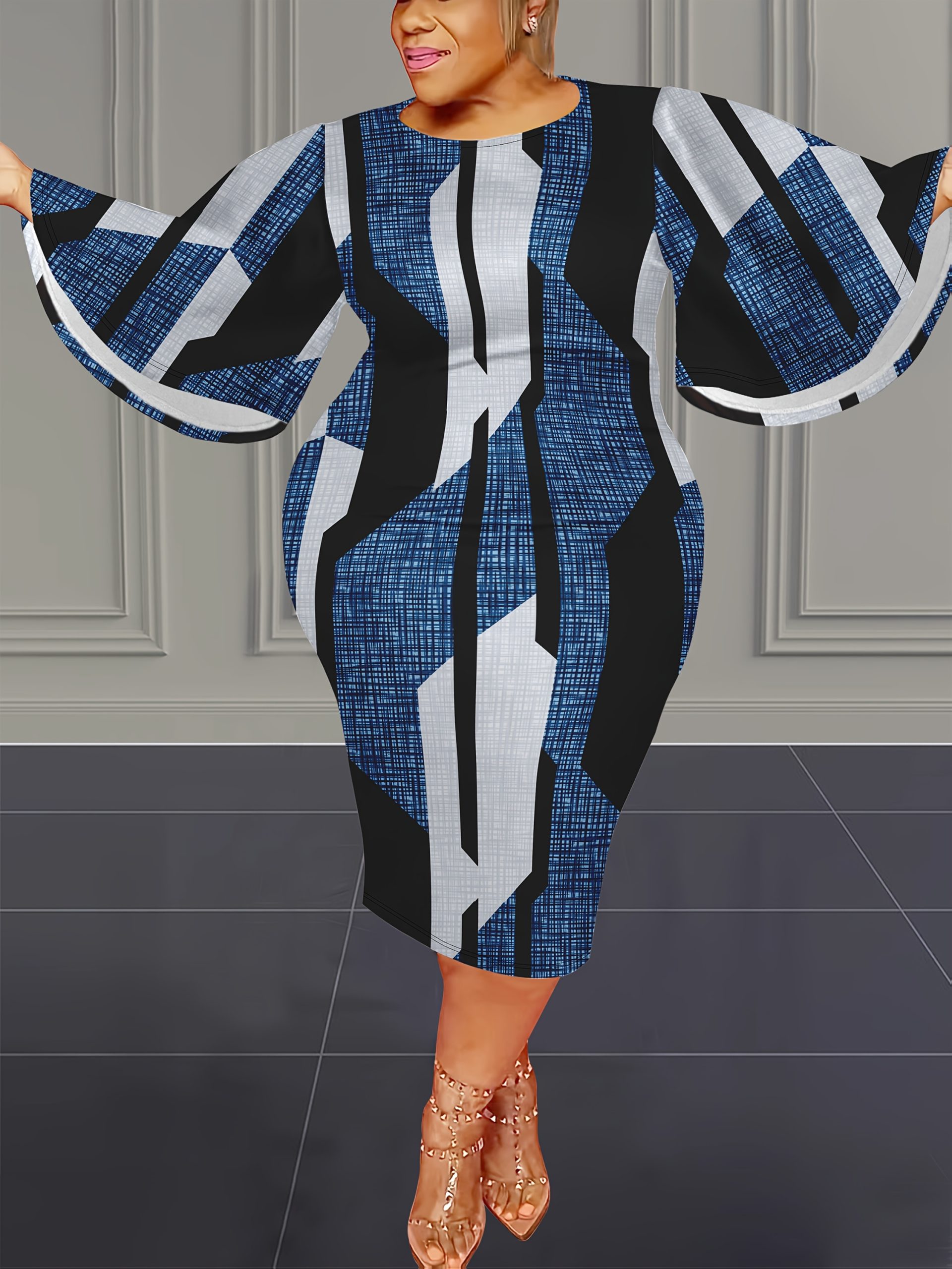 Robe à manches évasées à col rond imprimé blocs géométriques de couleur – Image 3