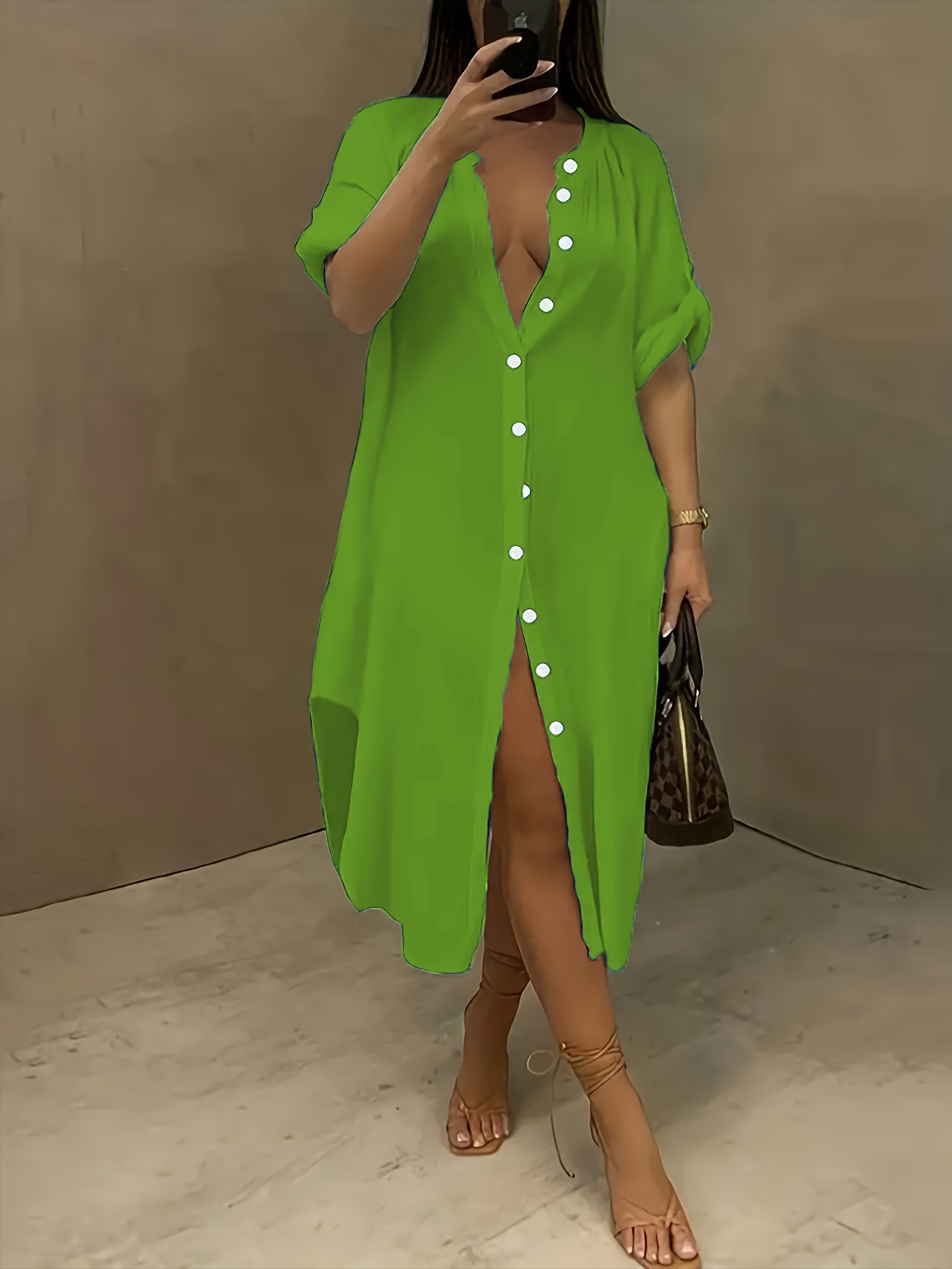 Robe chemise longue à manches roulées à col rond – Image 6
