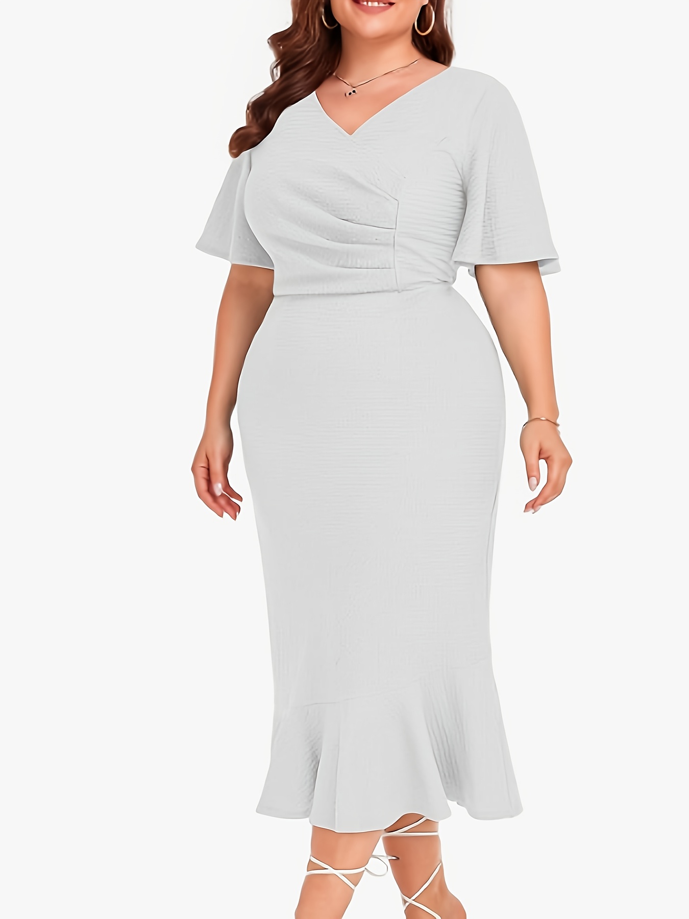 Robe sirène moulante extensible à manches courtes en col V avec ourlet à volants & plis – Image 5