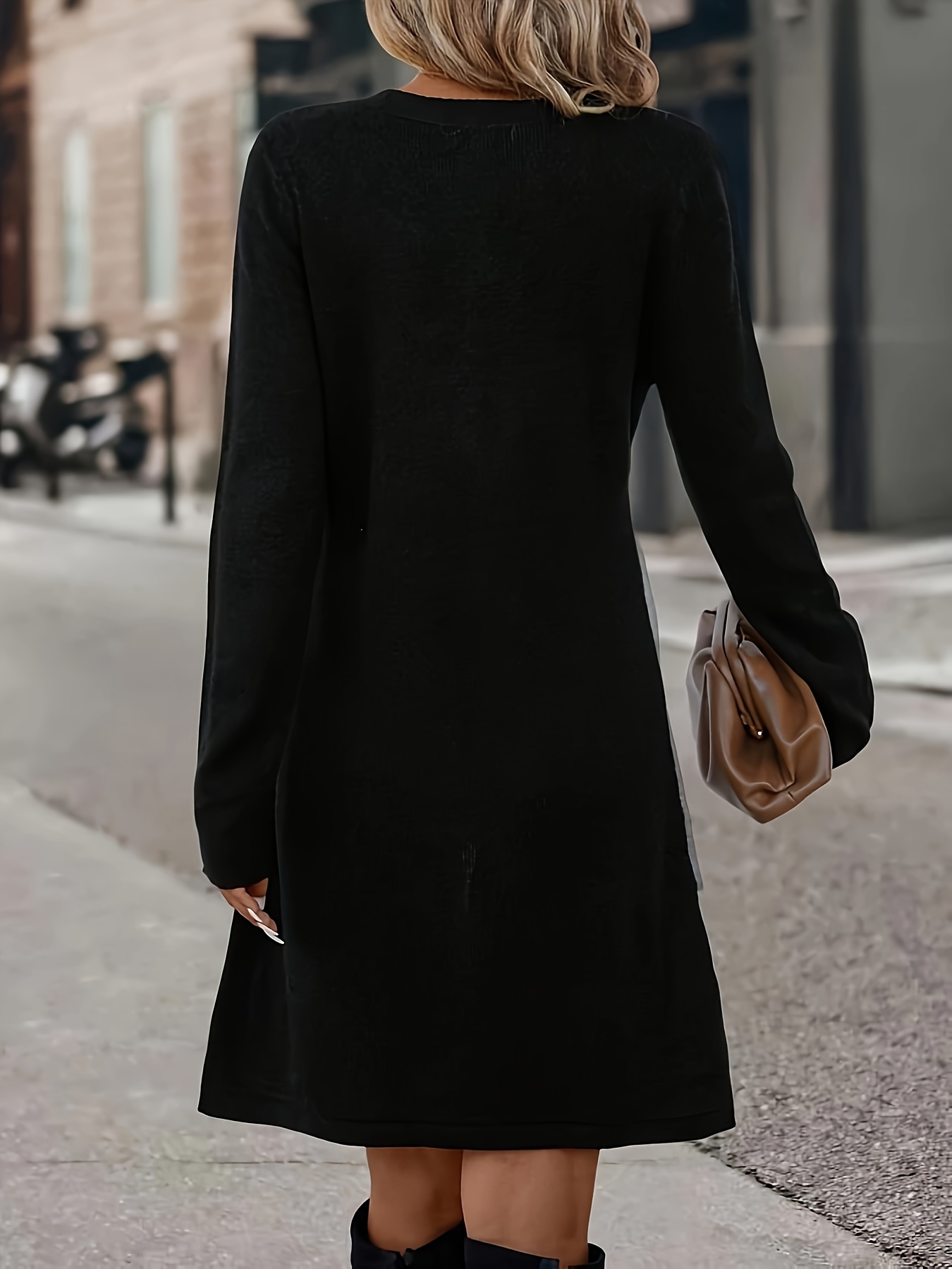 Robe à blocs de couleur en tissu tricoté à col rond à manches longues à élasticité moyenne – Image 10