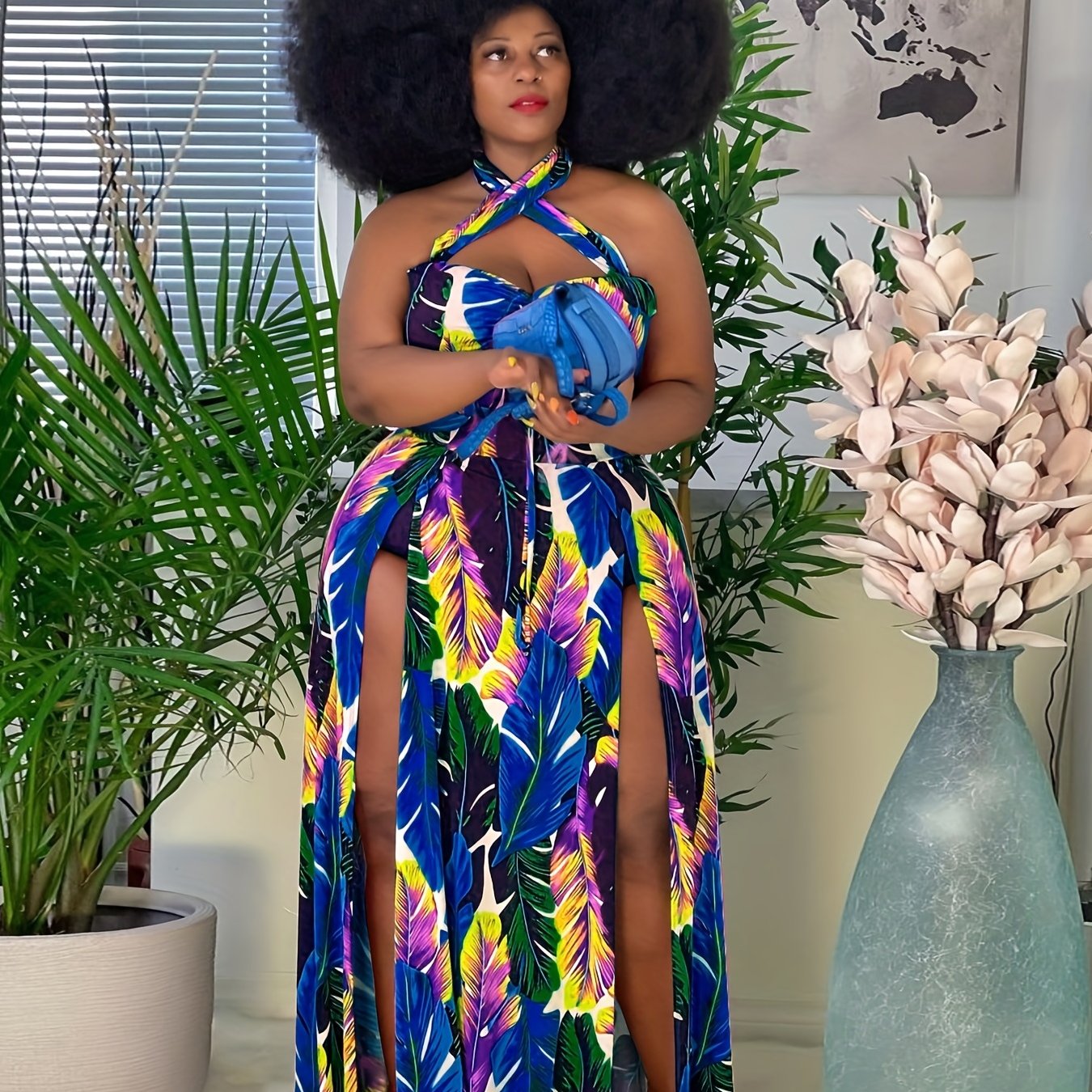 Robe à étirement moyen à dos nu imprimé tropical criss cross