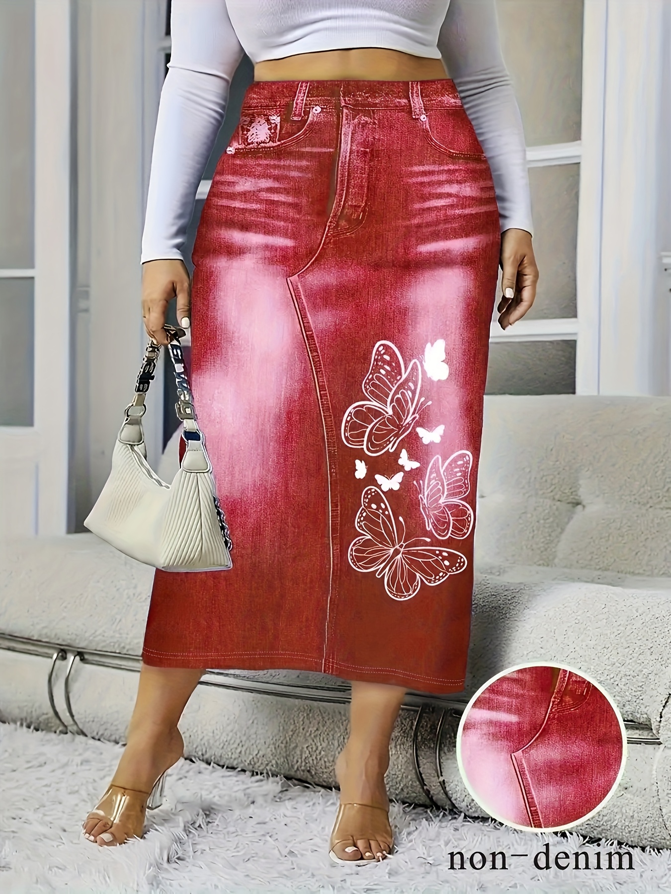 Jupe crayon moulante imprimée papillon ajustée en tricot hautement élastique – Image 3