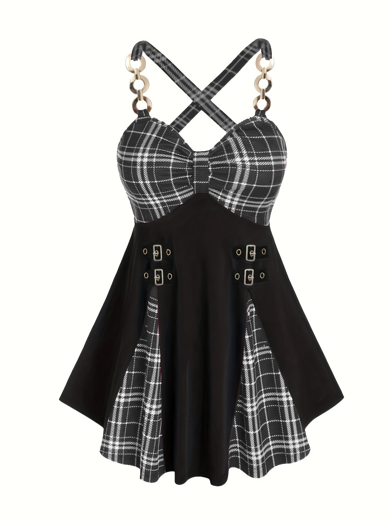 Robe élégante avec imprimé à carreaux & bretelles en métal sans manches – Image 6