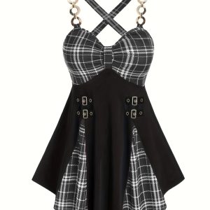 Robe élégante avec imprimé à carreaux & bretelles en métal sans manches
