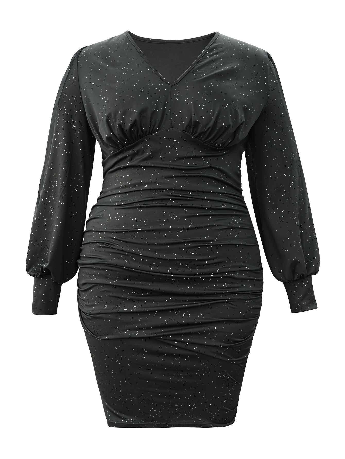 Robe moulante à col V profond avec sequins en tissu tricoté avec patchwork en maille & manches lanternes – Image 4