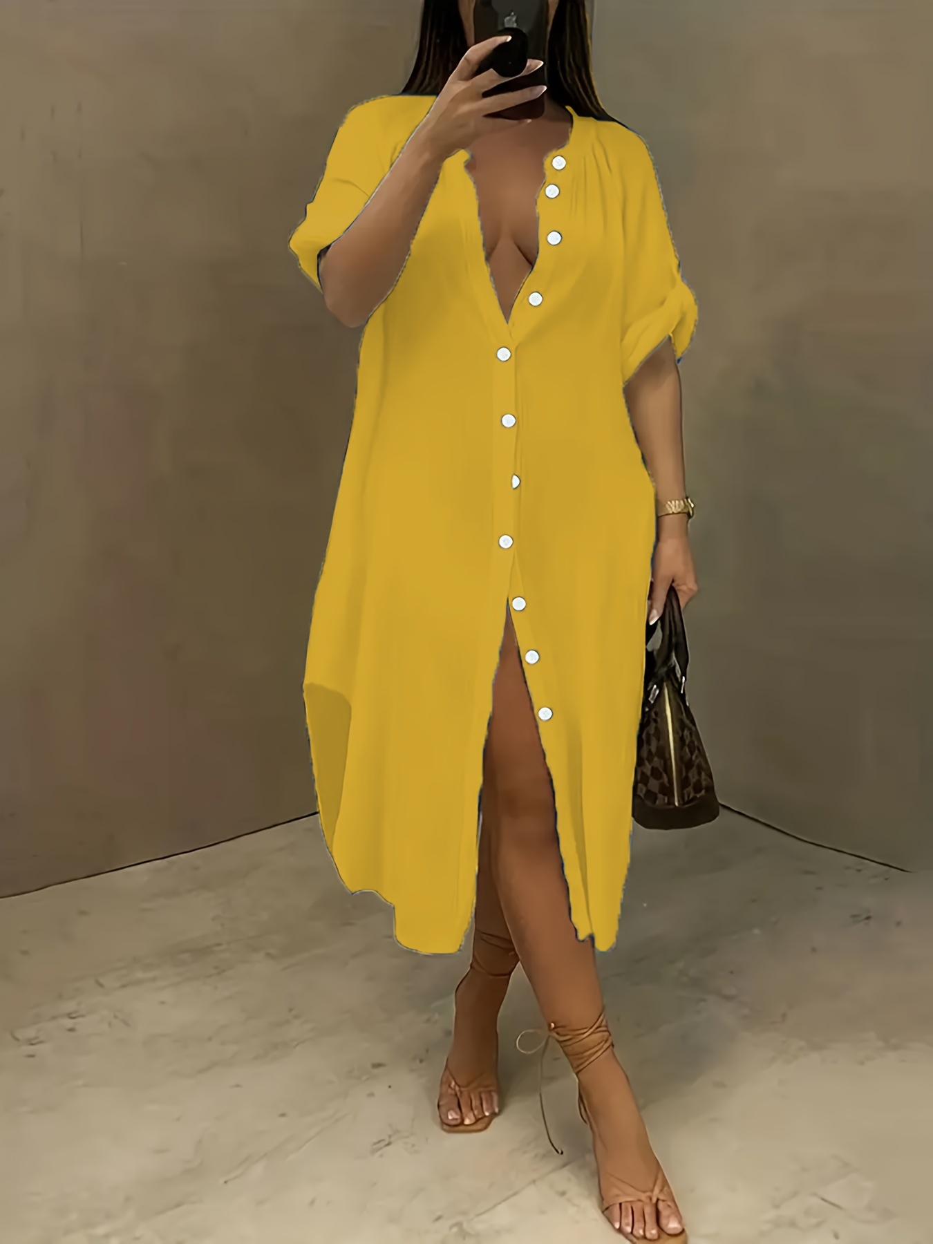 Robe chemise longue à manches roulées à col rond – Image 4