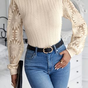 Pull élégant à manches longues à col rond en tissu tricoté avec détail en dentelle contrastée légèrement extensible