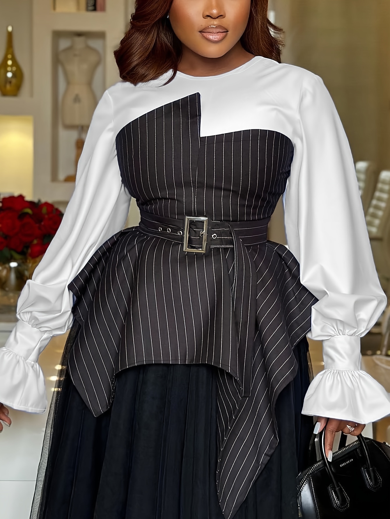 Robe élégante à rayures verticales à manches longues à col rond avec poignets à volants – Image 10