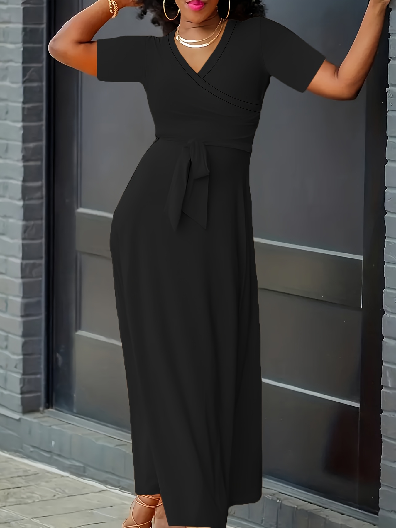 Robe élégante extensible à col V à manches cap à nouer à la taille – Image 8