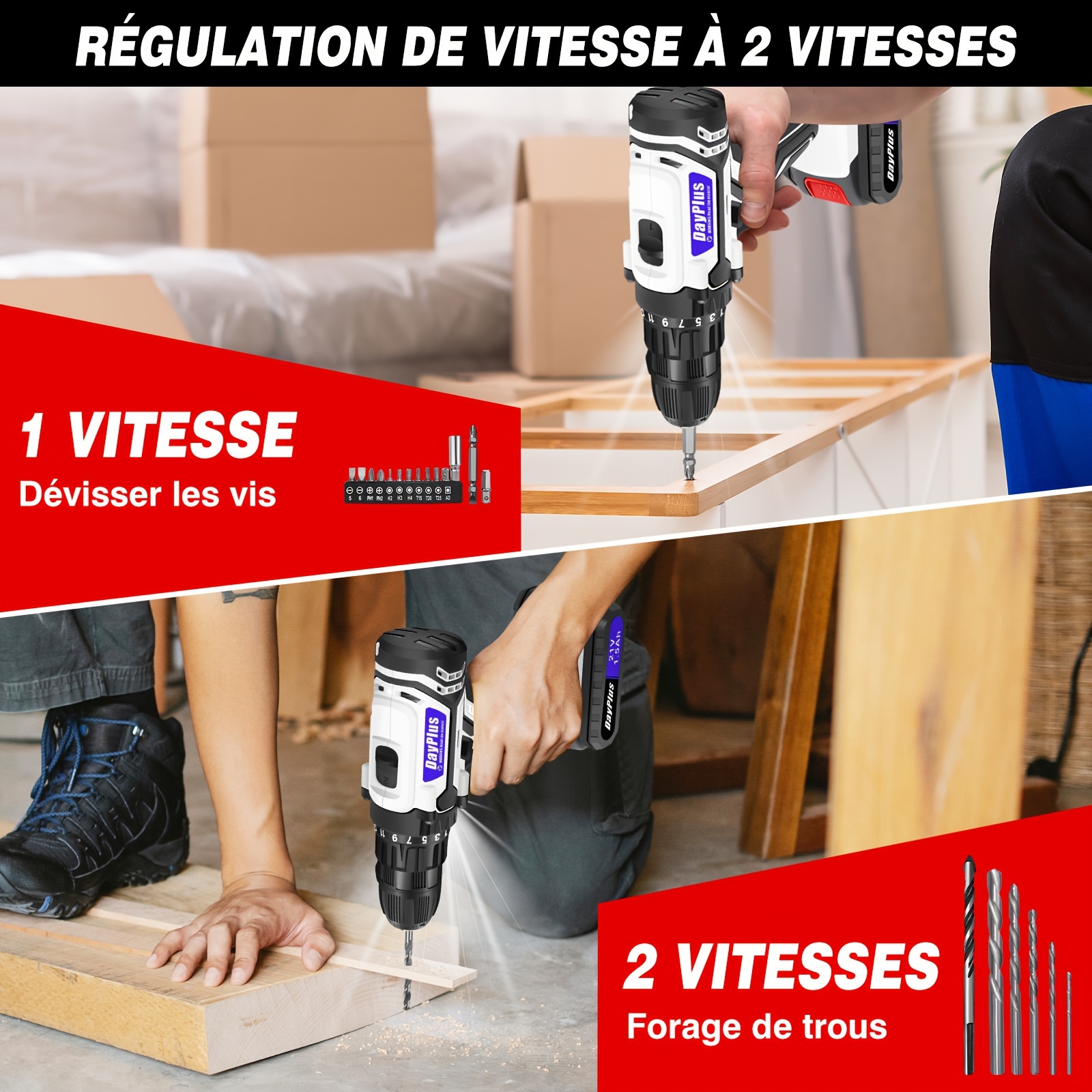 Perceuse visseuse sans fil avec batterie avec un jeu de mèches – Image 3
