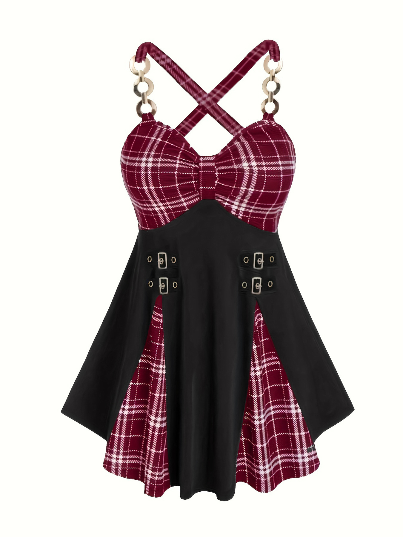 Robe élégante avec imprimé à carreaux & bretelles en métal sans manches – Image 8