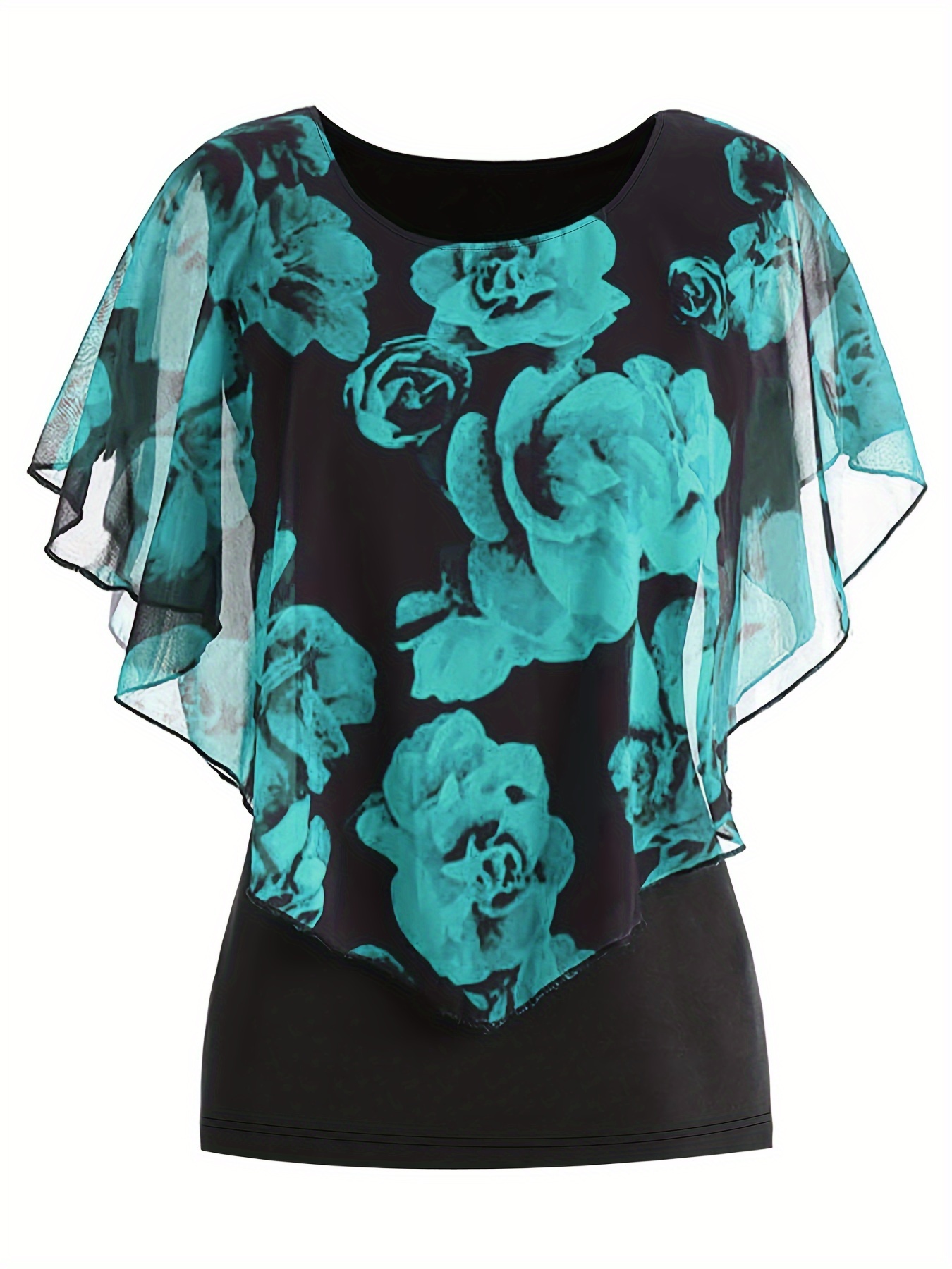 Blouse à col rond à manches chauve-souris en tissu extensible imprimé rose élégante avec illusion superposée – Image 4
