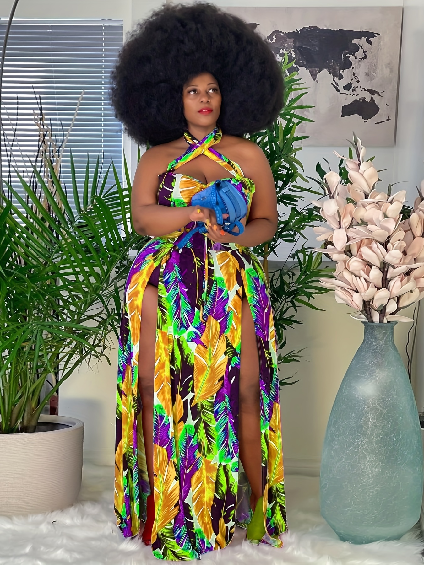 Robe à étirement moyen à dos nu imprimé tropical criss cross – Image 5