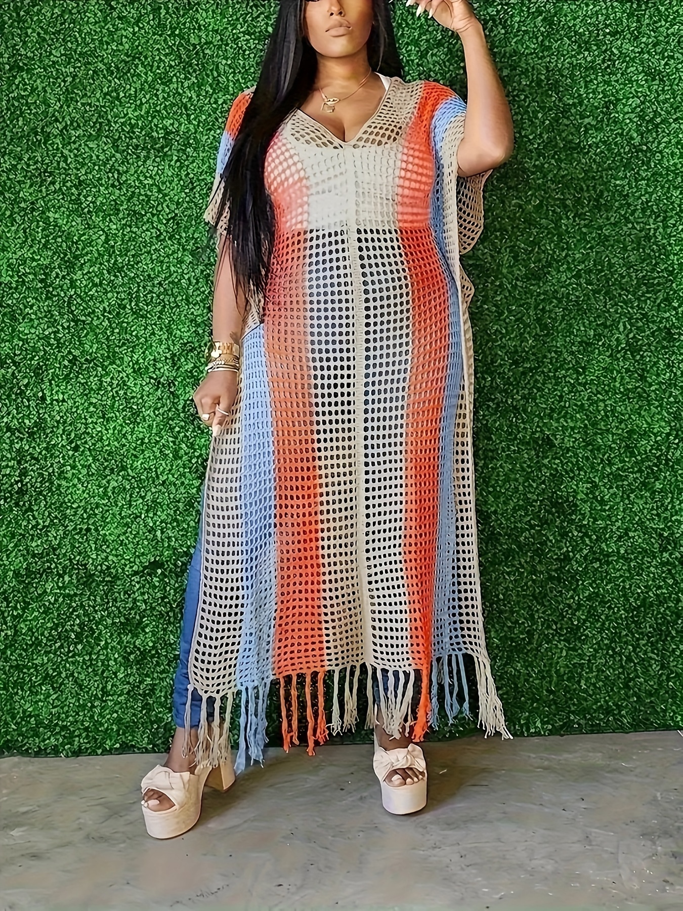Robe de plage ample à rayures colorées tricotées ajourées sans bikini – Image 4