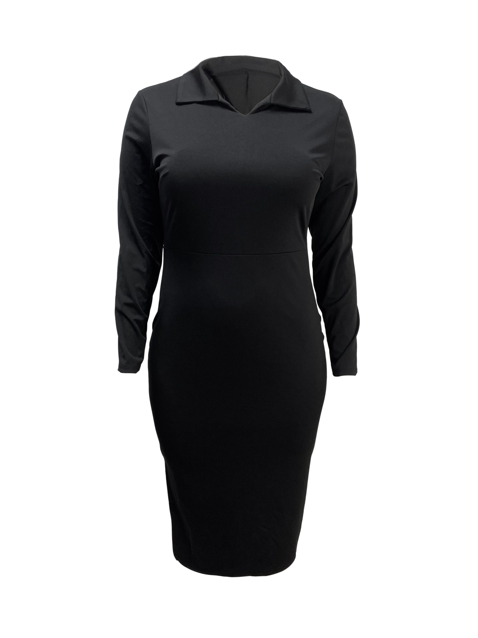 Robe moulante élégante extensible avec col à revers à manches longues – Image 3
