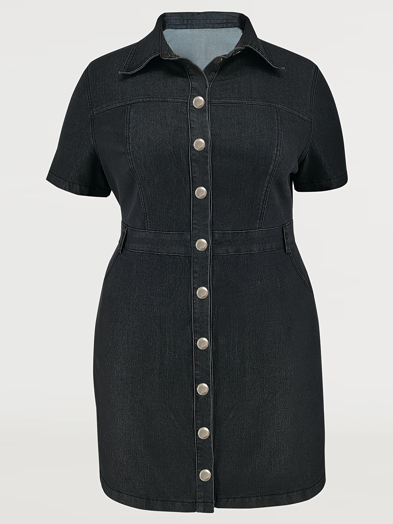 Robe moulante en denim à manches courtes avec détail bouton à col lapin