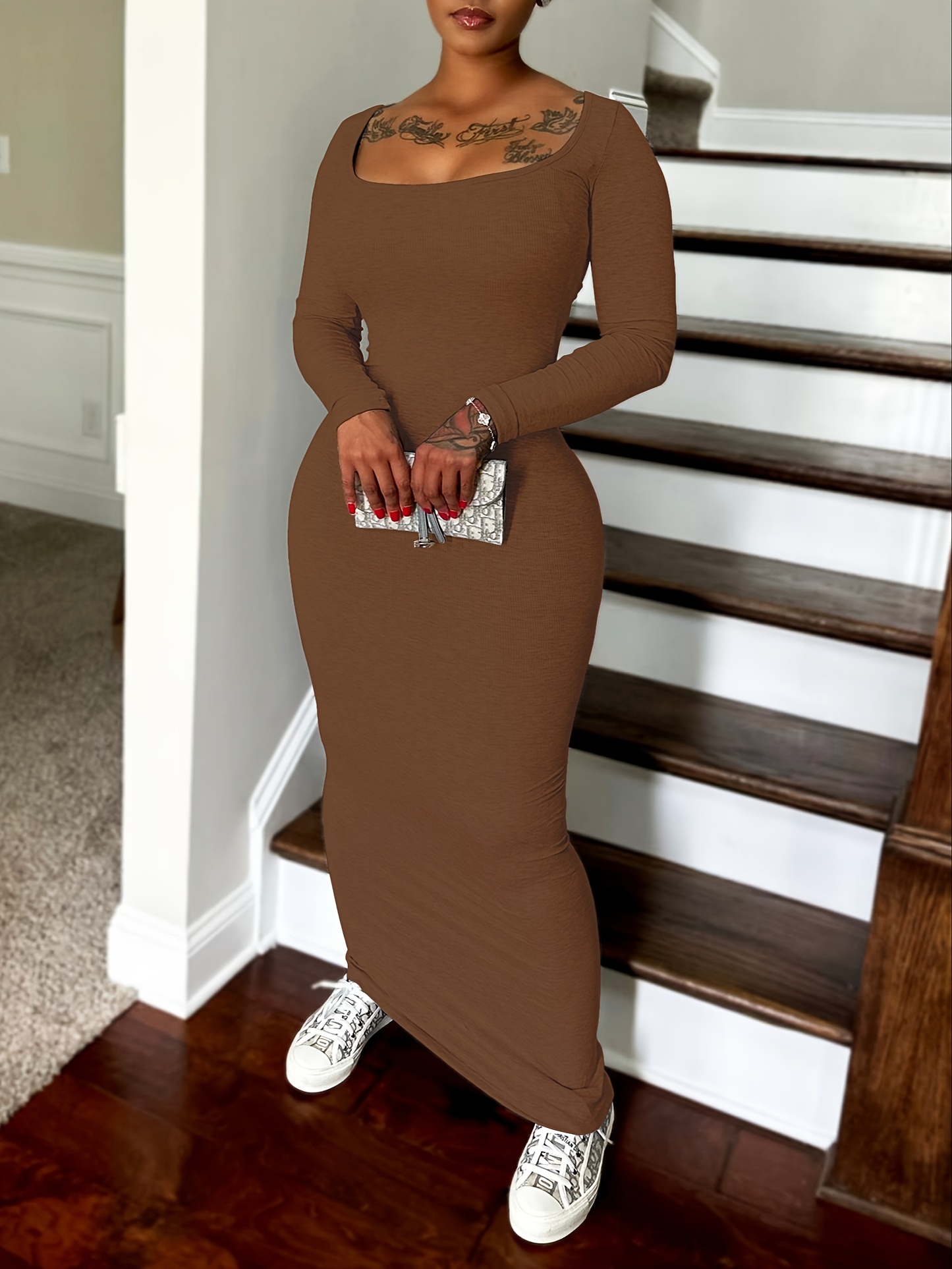 Robe moulante sexy extensible à manches longues à encolure carré – Image 7