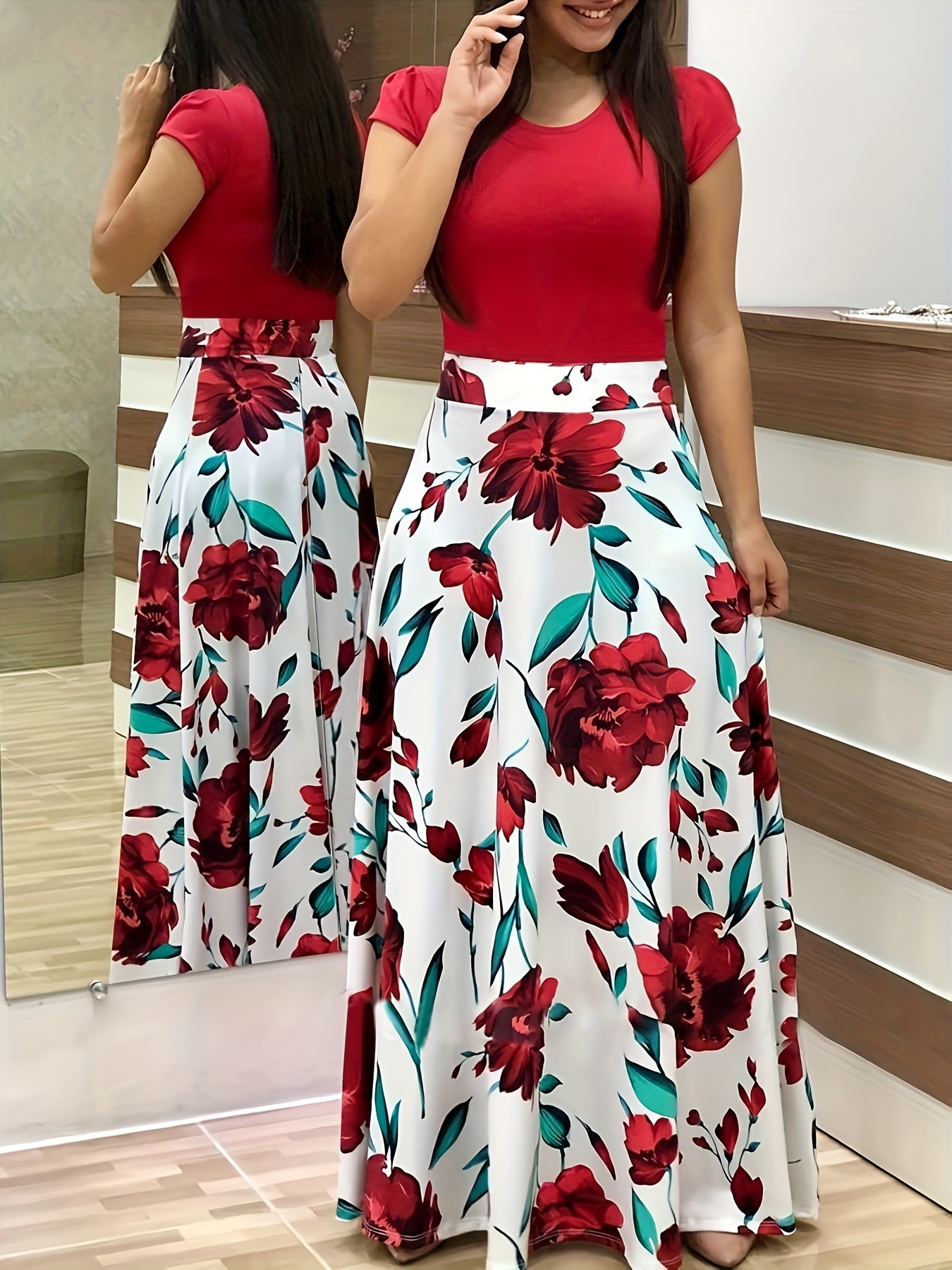 Robe élégante à manches courtes imprimé fleuri colorblock & étirement moyen – Image 2