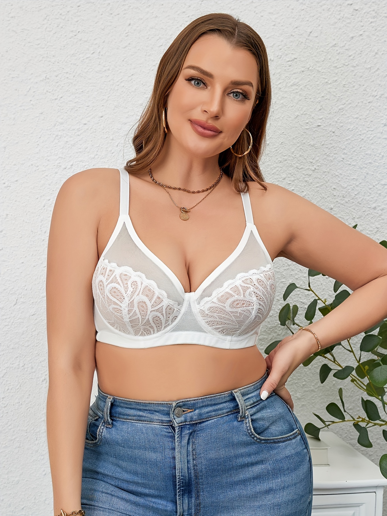 Soutien gorge élégant à motif floral discret avec détail en dentelle contrastante à armatures avec rembourrages non amovibles en tissu tricoté à élasticité moyenne – Image 11