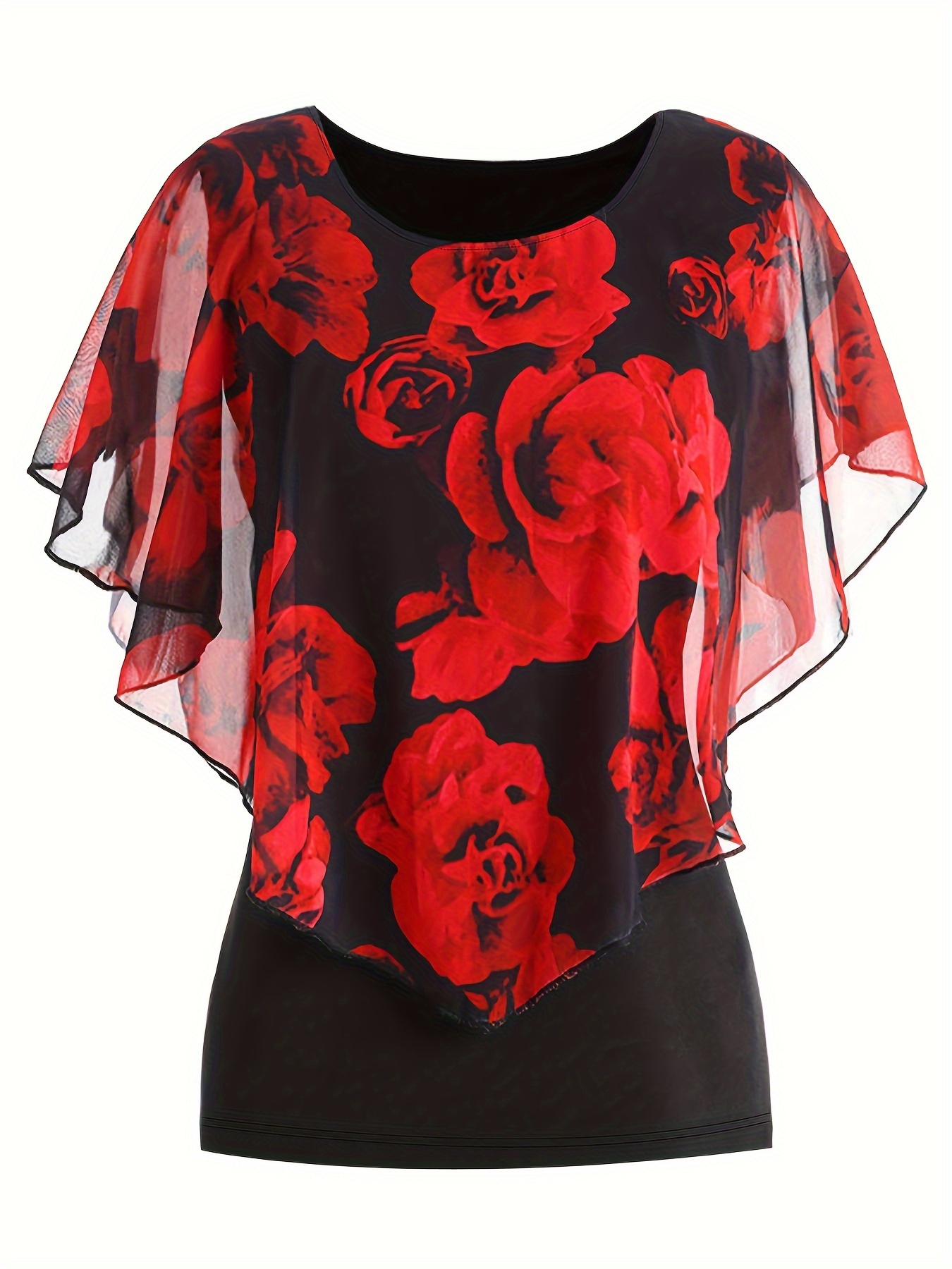 Blouse à col rond à manches chauve-souris en tissu extensible imprimé rose élégante avec illusion superposée – Image 5