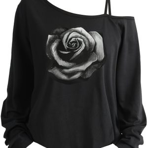 T-shirt à manches longues imprimé rose avec encolure asymétrique