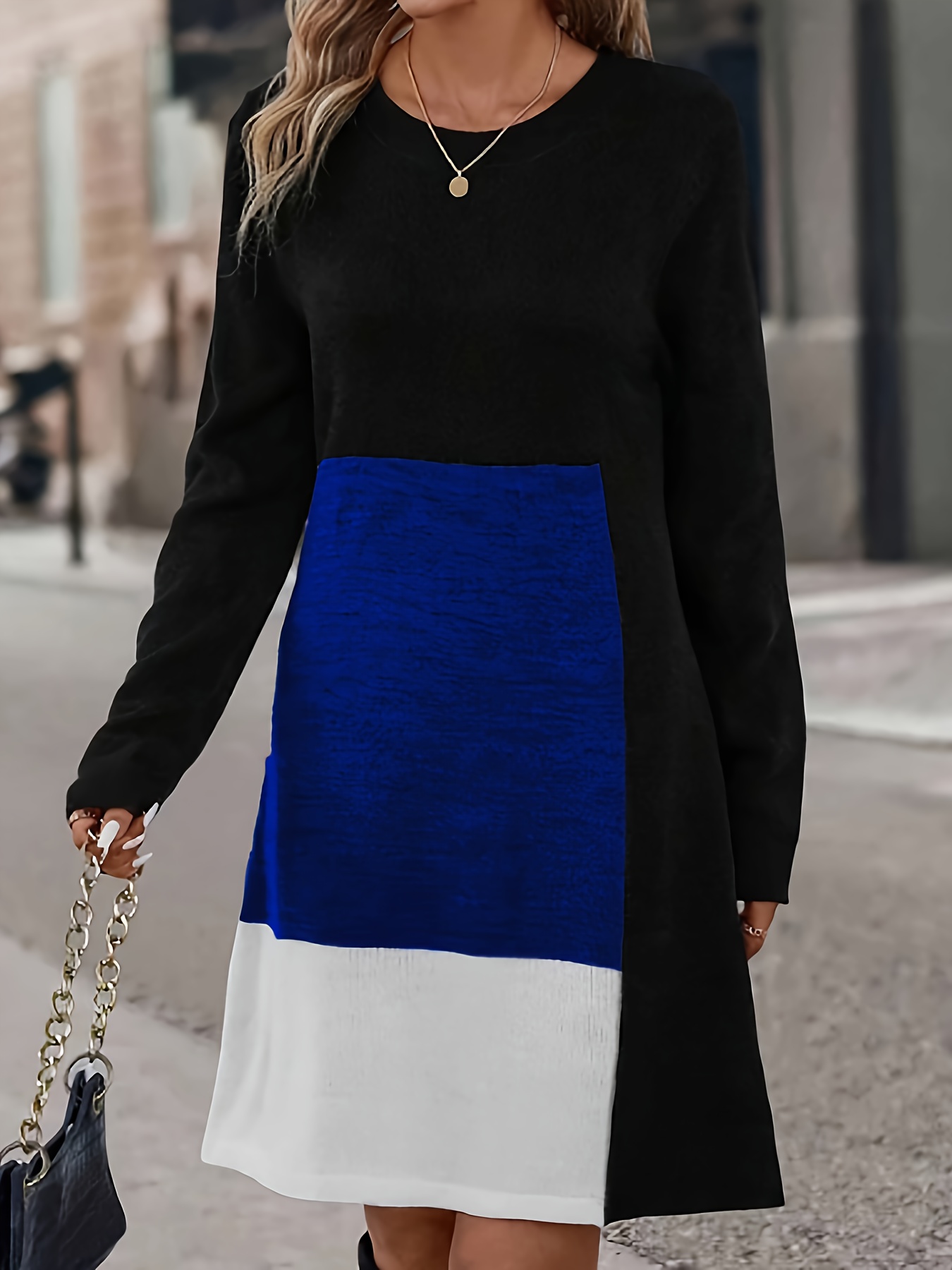 Robe à blocs de couleur en tissu tricoté à col rond à manches longues à élasticité moyenne – Image 11