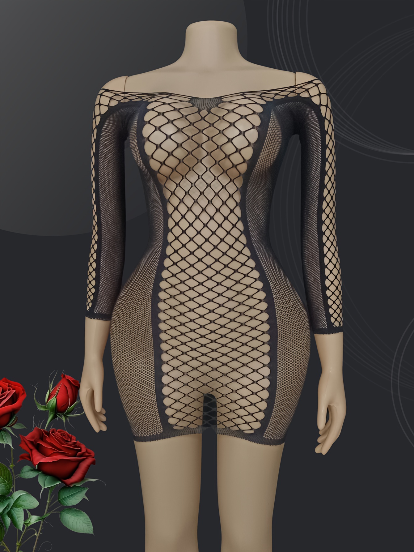 Filet de pêche moulant sexy en maille ajusté à épaules dénudées à manches longues – Image 2