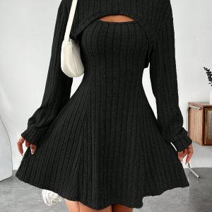 Ensemble robe en tissu tricoté hanche ample et haut super court à manches longues