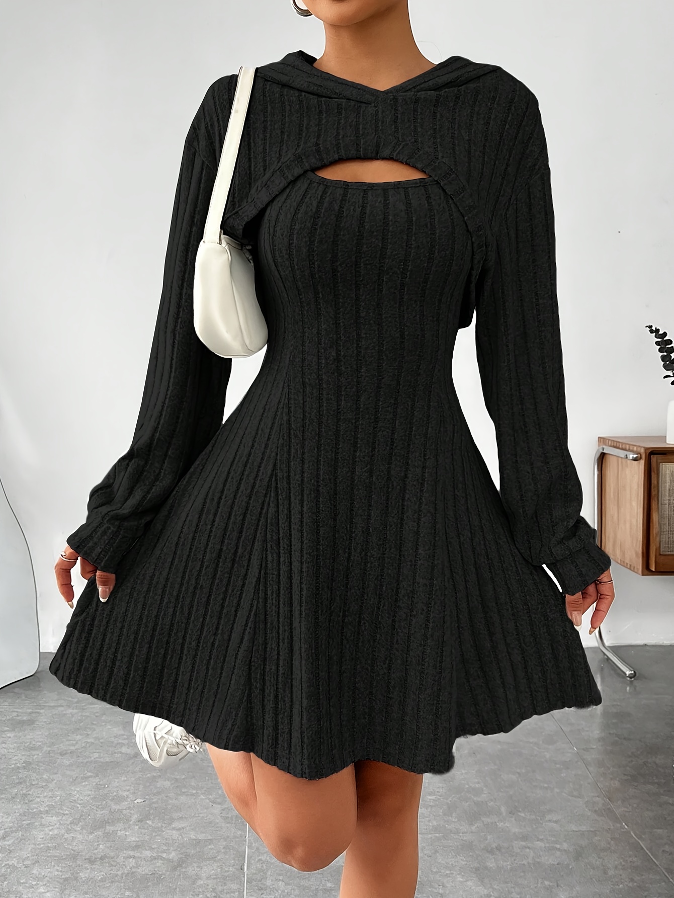 Ensemble robe en tissu tricoté hanche ample et haut super court à manches longues – Image 2