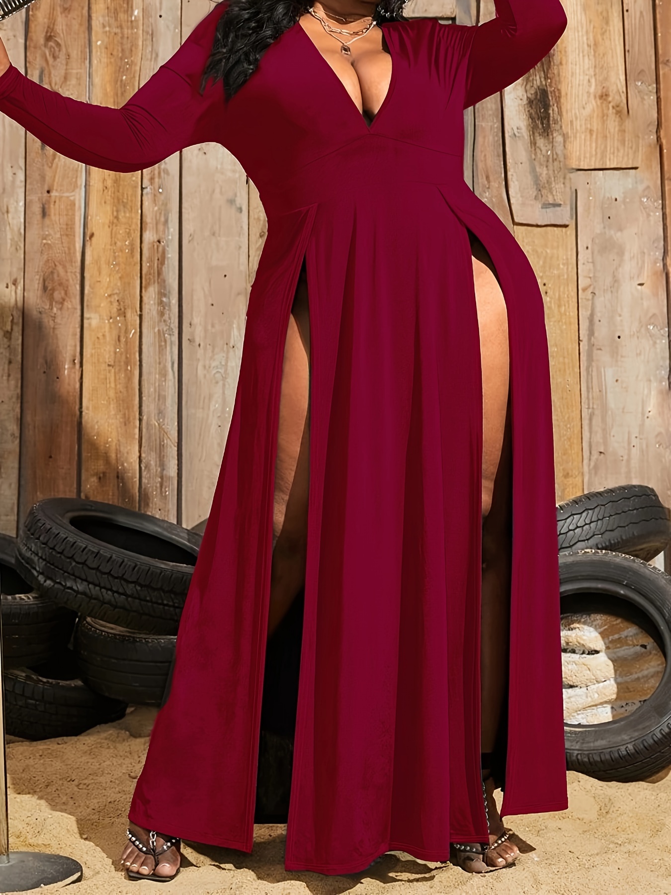 Robe sexy évasée à col V profond à manches longues – Image 10