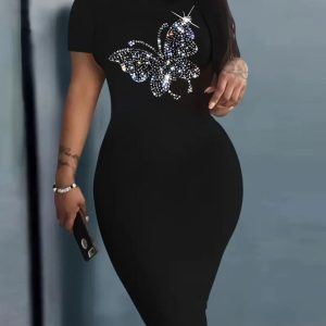 Robe moulante extensible avec design papillon en strass à manches courtes à col rond