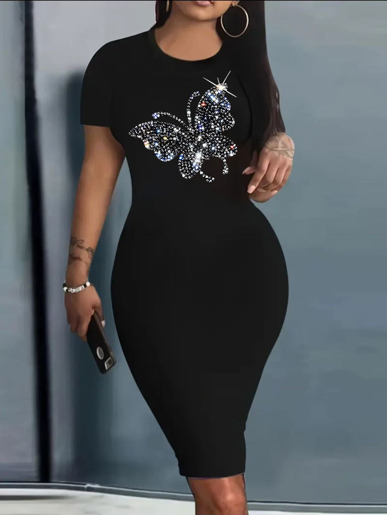 Robe moulante extensible avec design papillon en strass à manches courtes à col rond