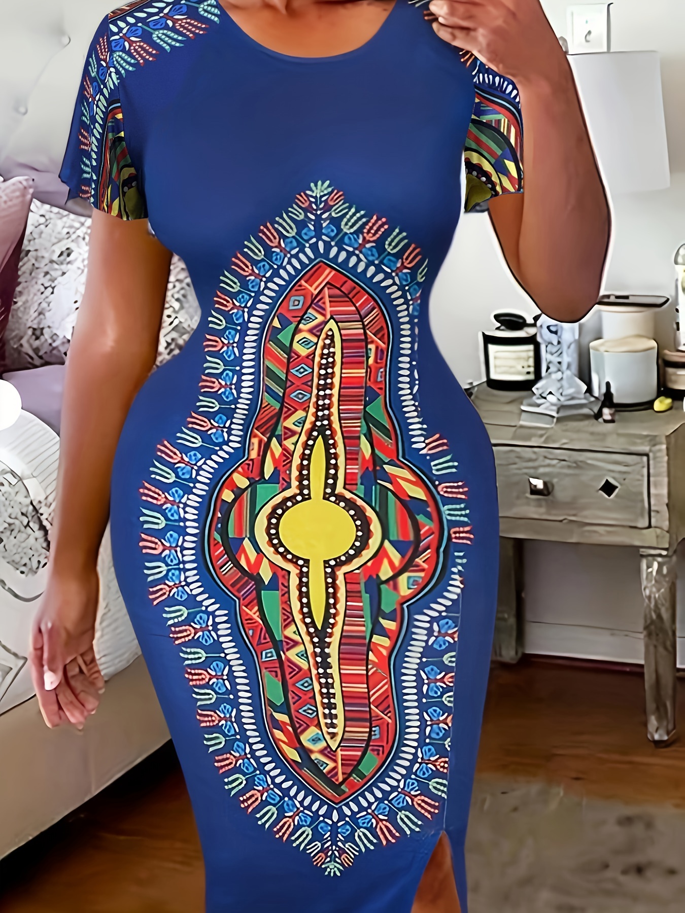 Robe moulante extensible africaine à encolure ronde ourlet fendu – Image 2