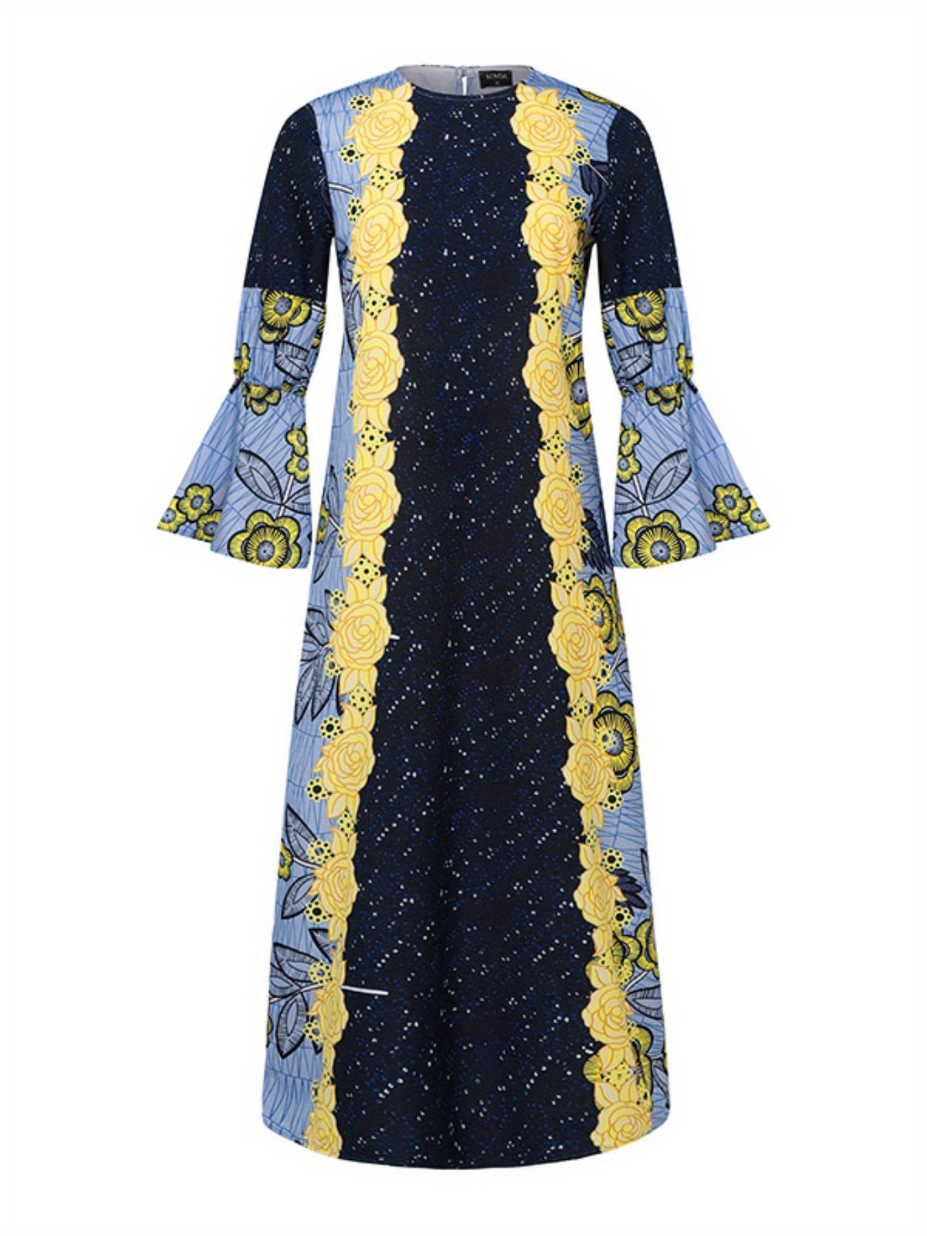 Robe africaine ample imprimé floral à manches longues à col rond en tissu tissé non extensible – Image 5