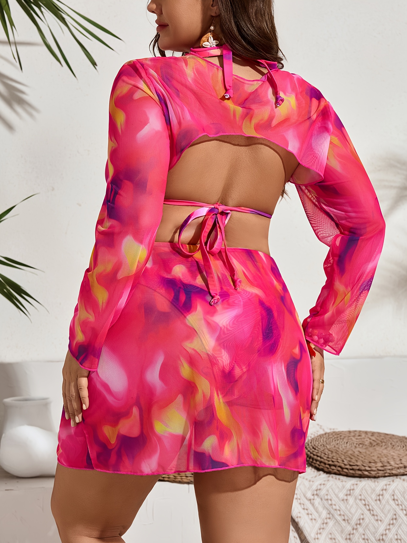 Bikini 3 pièces avec veste en maille & bretelle au cou – Image 3