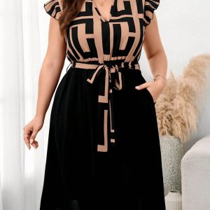 Robe élégante à col V à manches volantes
