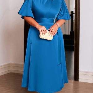 Robe élégante à col rond à manches courtes ajustée avec détail de ceinture