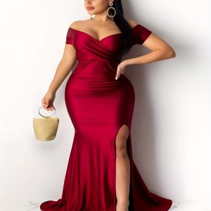 Robe élégante à col V croisé à manches courtes & une fente sur le côté