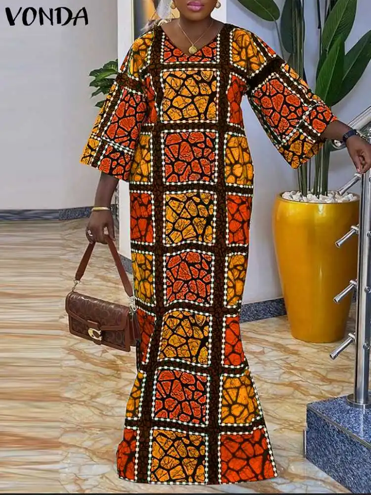 Robe africaine à manches évasées à col V – Image 4