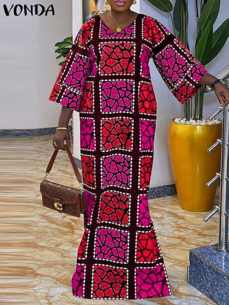 Robe africaine à manches évasées à col V – Image 3