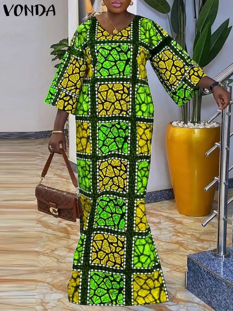 Robe africaine à manches évasées à col V – Image 2