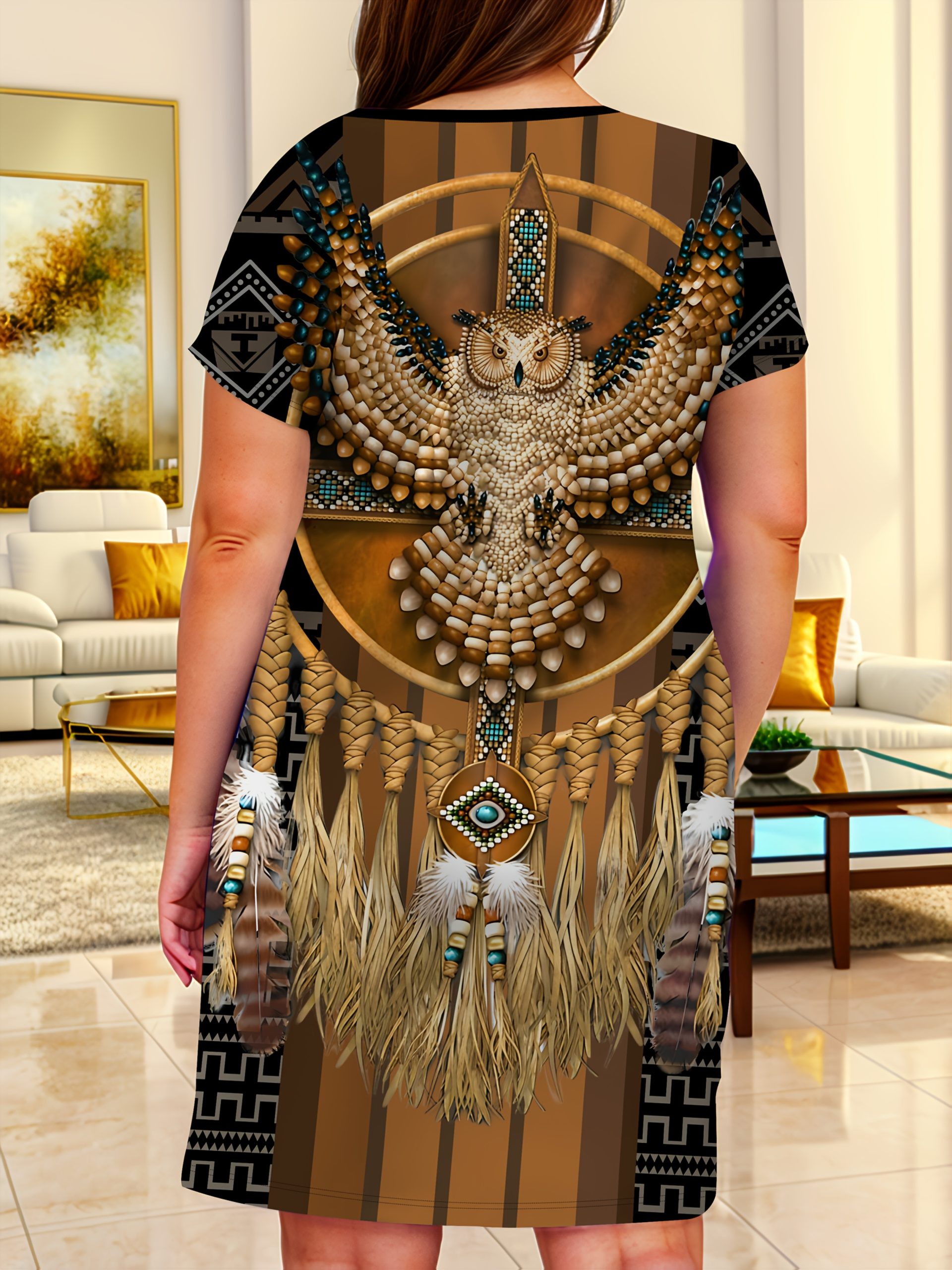 Robe à manches courtes à col V imprimée 3D ethnique avec motifs animaliers – Image 3