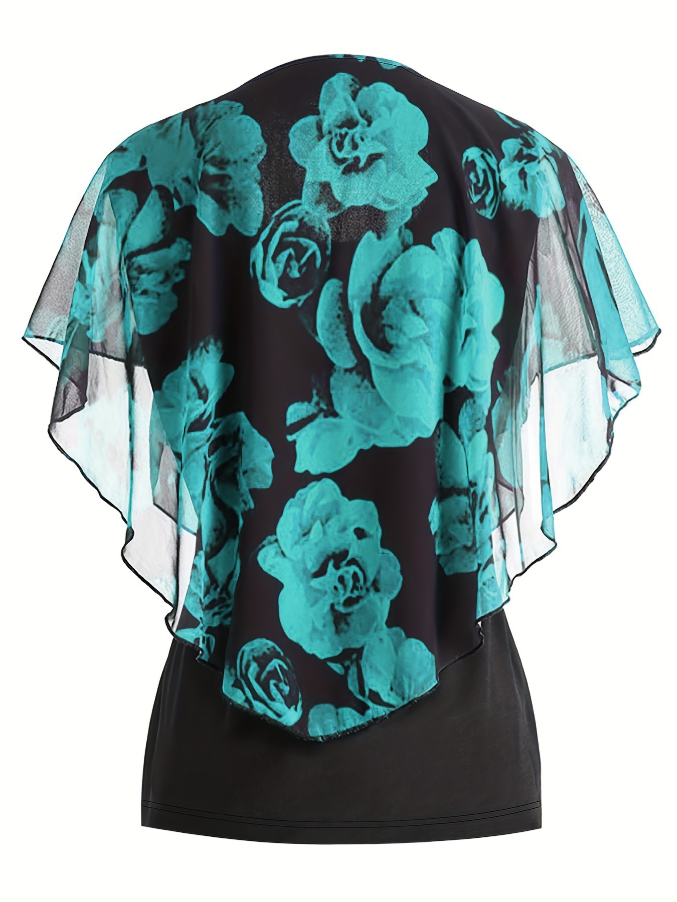 Blouse à col rond à manches chauve-souris en tissu extensible imprimé rose élégante avec illusion superposée – Image 9