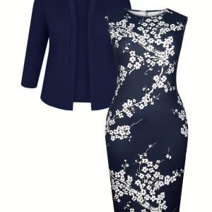 Ensemble robe à col rond sans manches à haute élasticité & blazer