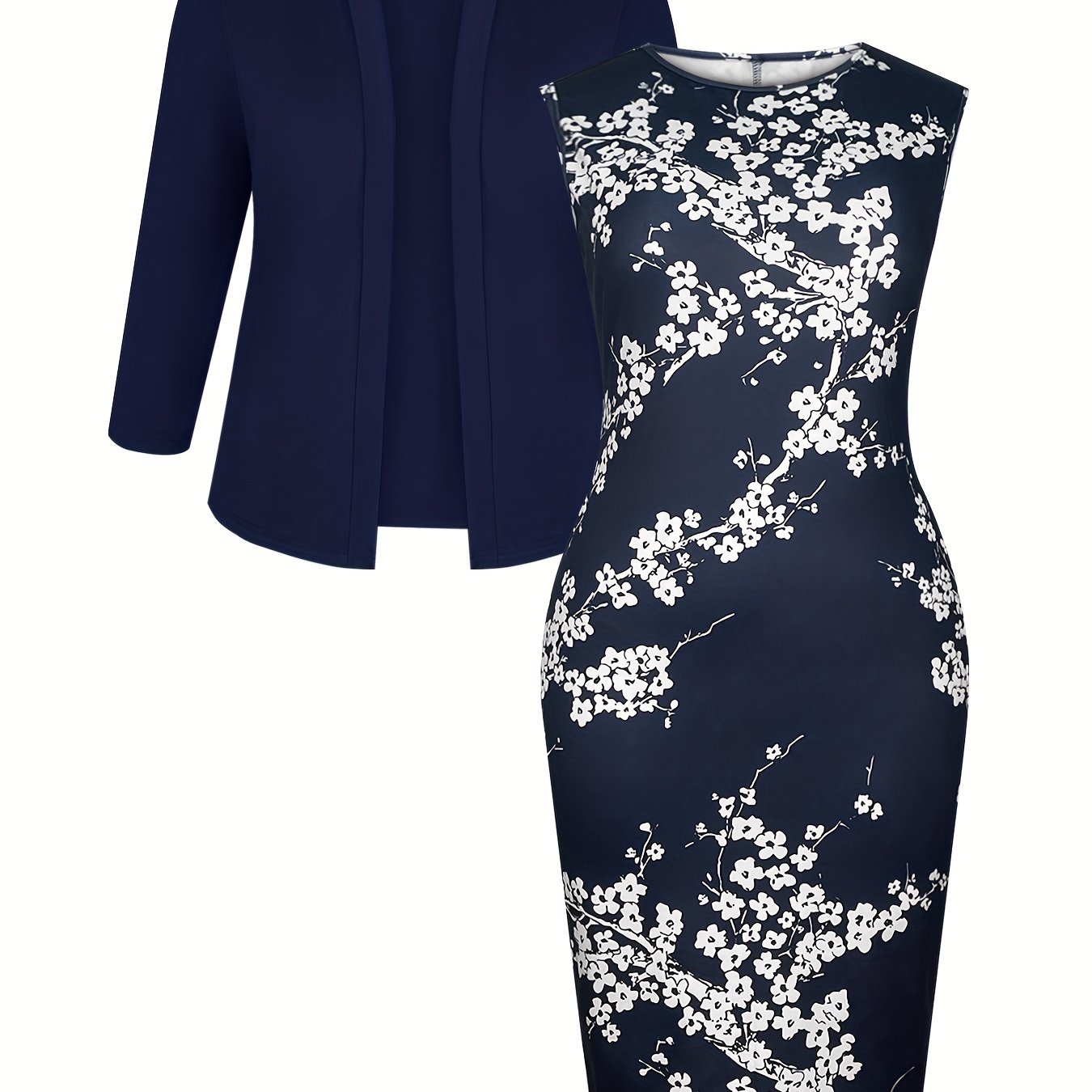 Ensemble robe à col rond sans manches à haute élasticité & blazer
