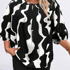 Blouse élégante à col rond en tissu tissé non extensible imprimé vague noir & blanc