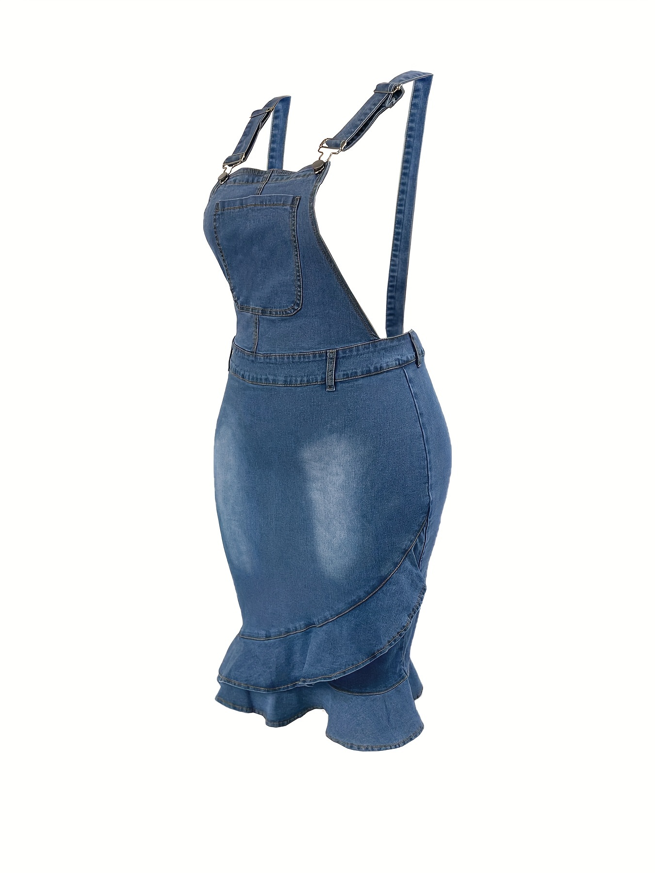 Robe en denim avec ourlet à volants & bretelles ajustables en tissu extensible – Image 4