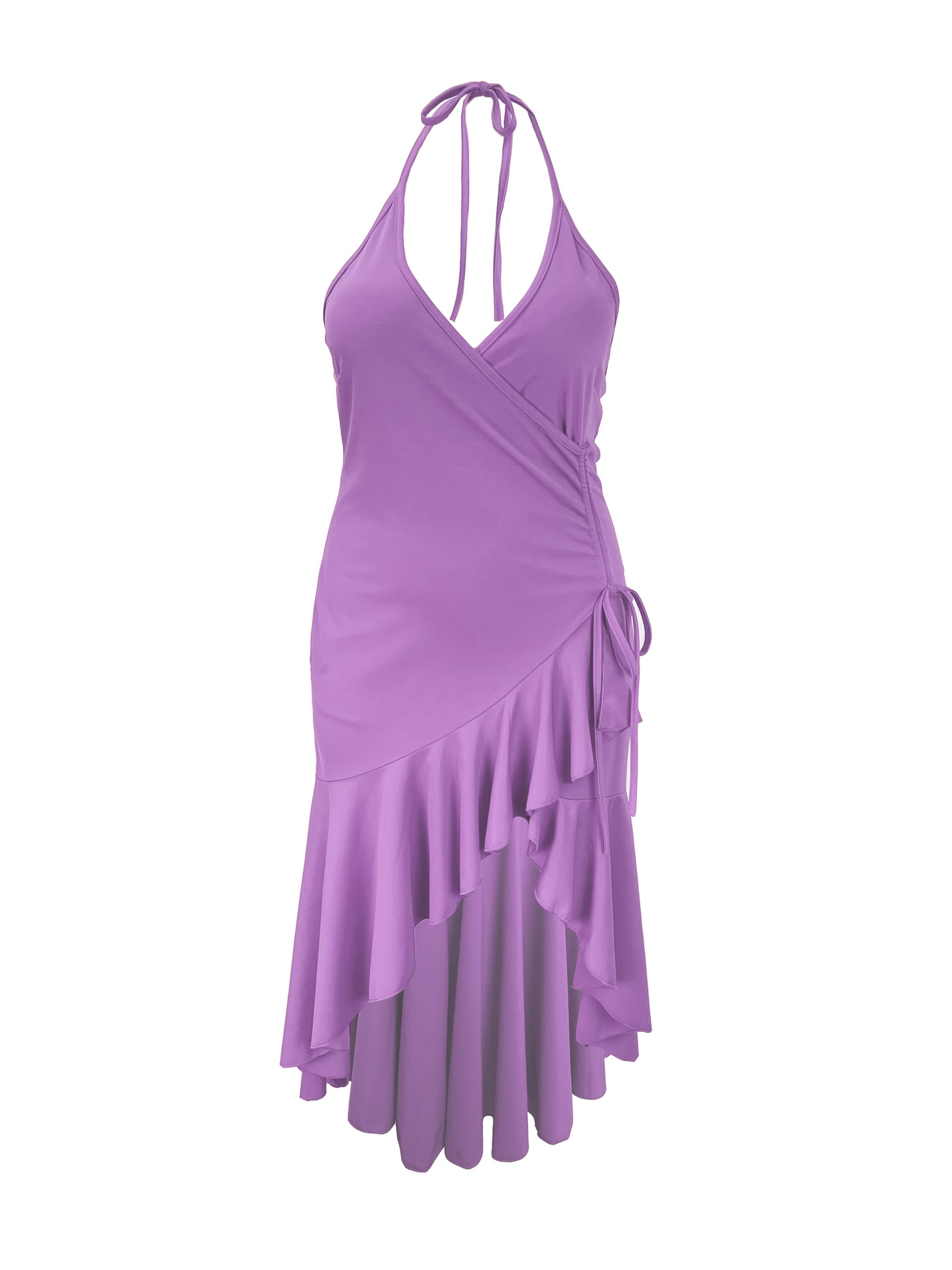 Robe élégante extensible à col halter dos nu avec ourlet à volants sans manches – Image 11